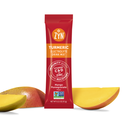 ZYN Mango Pomegranate Turmeric Electrolyte Drink Mix single sachet with a mango