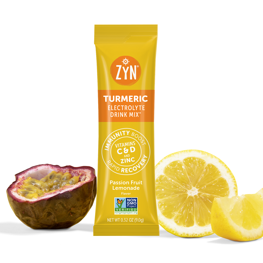 ZYN Electrolyte Drink Mix Passion Fruit Lemonade single sachet with a passion fruit and lemon